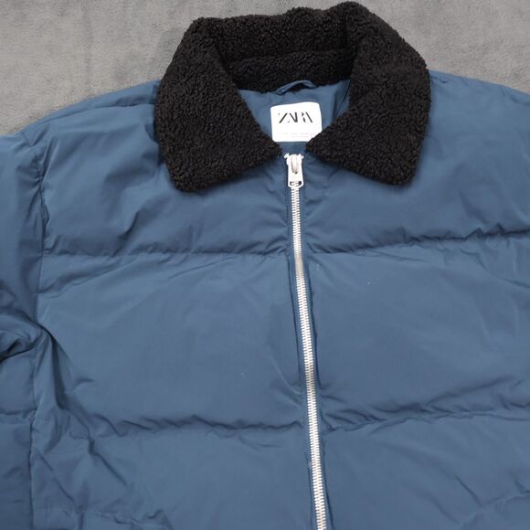 Zara Mens Puffer Bomber Jacket XL Blue Sherpa Lined Collar Full Zip Coat - Picture 2 of 16
